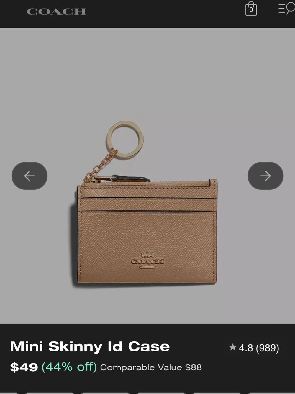 COACH Beige Leather Card Holder with Gold Keyring - Picture 5 of 6